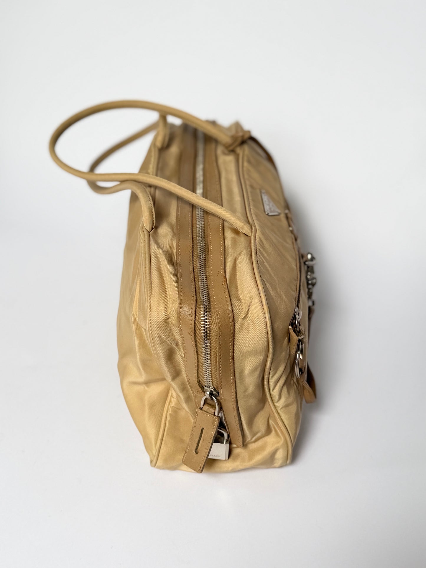 Prada Tessuto Nylon Lock & Key Shoulder Bag — Taupe