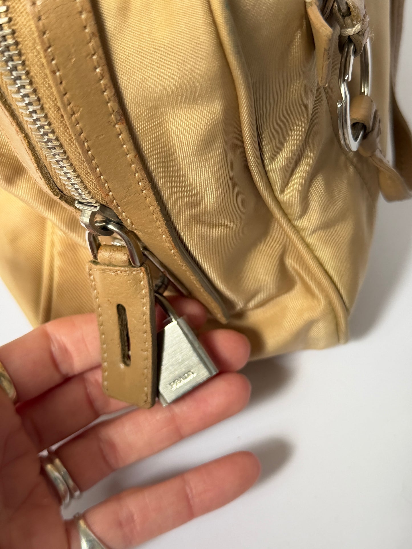 Prada Tessuto Nylon Lock & Key Shoulder Bag — Taupe