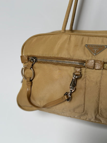 Prada Tessuto Nylon Lock & Key Shoulder Bag — Taupe