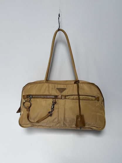 Prada Tessuto Nylon Lock & Key Shoulder Bag — Taupe
