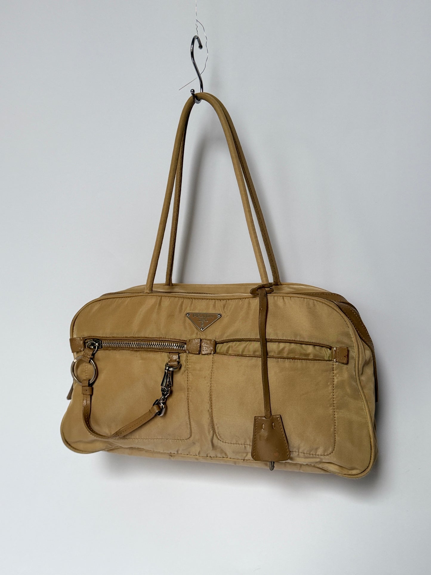 Prada Tessuto Nylon Lock & Key Shoulder Bag — Taupe