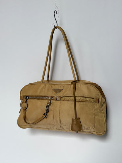 Prada Tessuto Nylon Lock & Key Shoulder Bag — Taupe