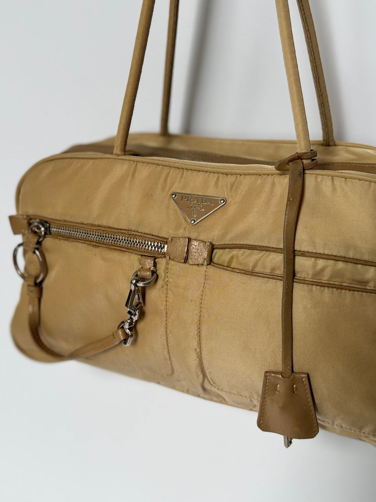 Prada Tessuto Nylon Lock & Key Shoulder Bag — Taupe