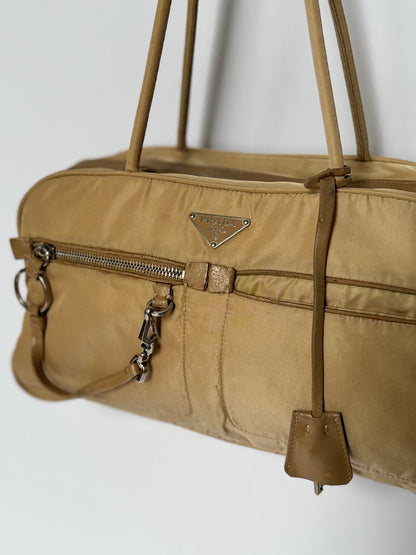Prada Tessuto Nylon Lock & Key Shoulder Bag — Taupe