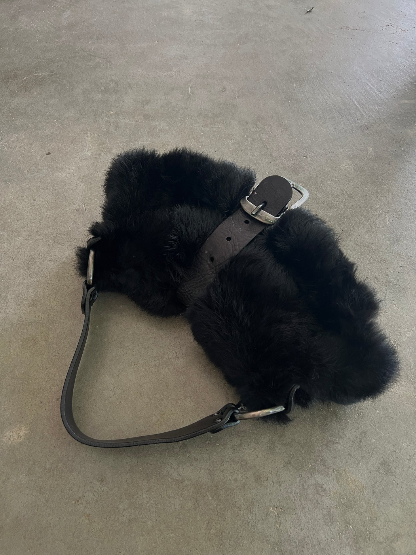 Black Fur Shoulder Bag with Oversized Buckle