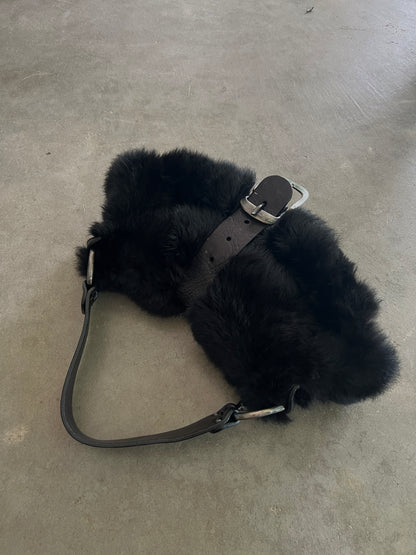 Black Fur Shoulder Bag with Oversized Buckle