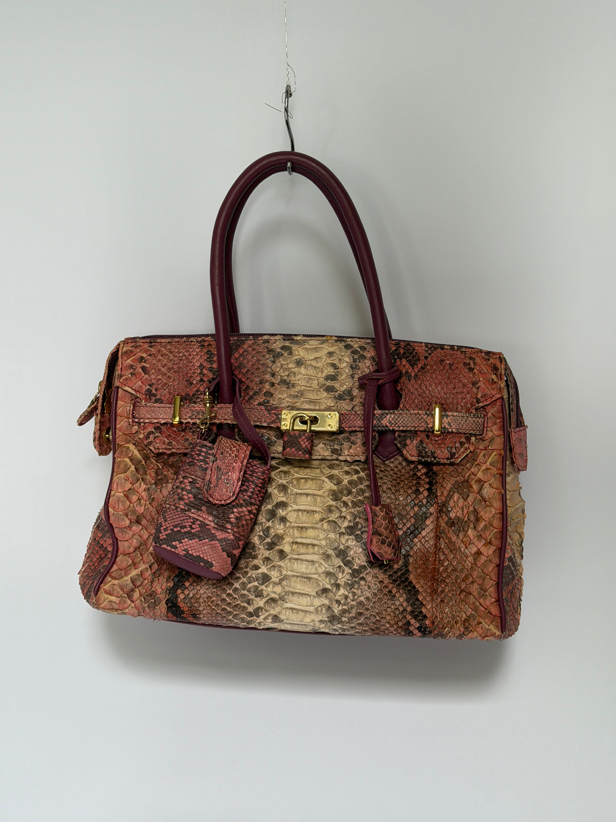 Python-Print Leather Bag with Padlock & Pouch