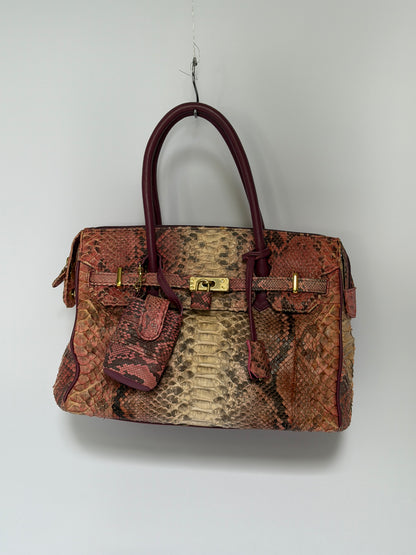 Python-Print Leather Bag with Padlock & Pouch