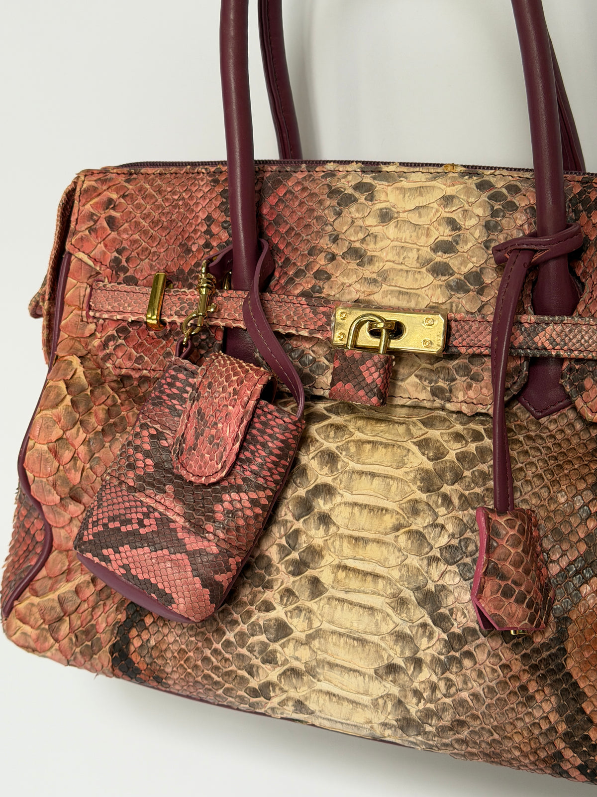 Python-Print Leather Bag with Padlock & Pouch