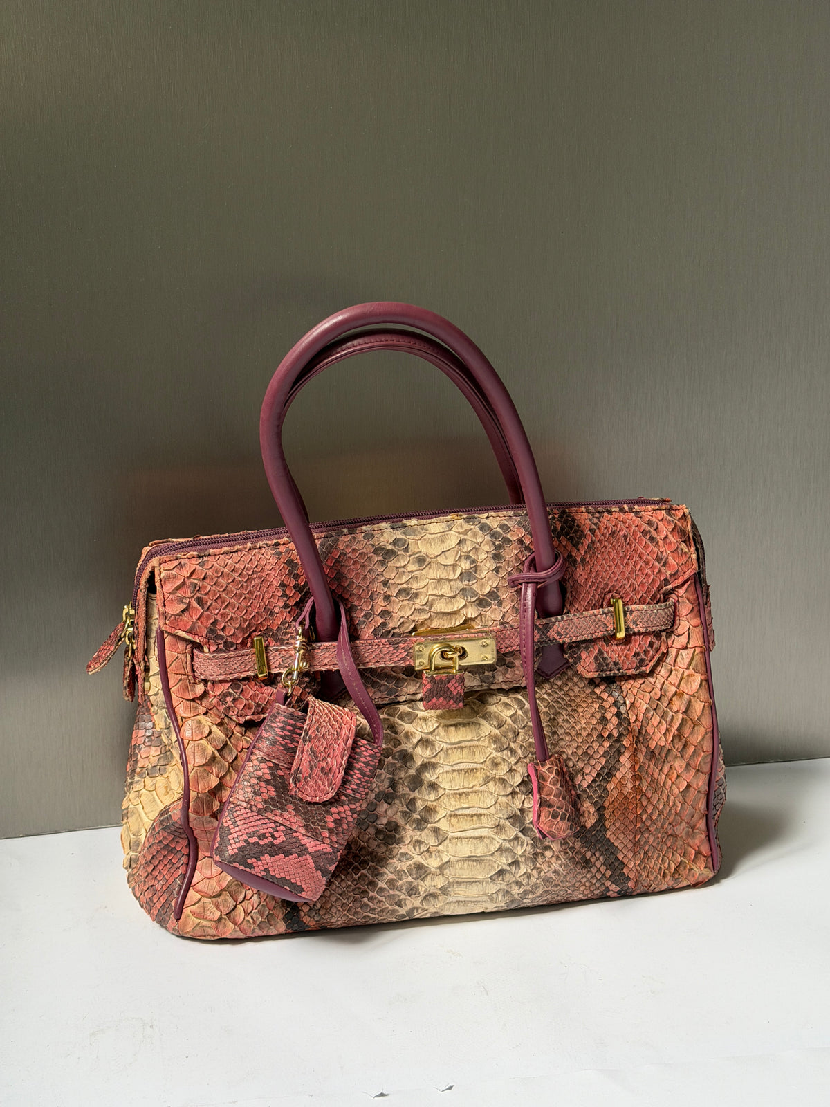 Python-Print Leather Bag with Padlock & Pouch
