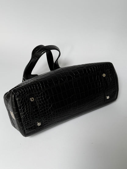Black Croc-Embossed Tote Bag with Padlock & Coin Purse
