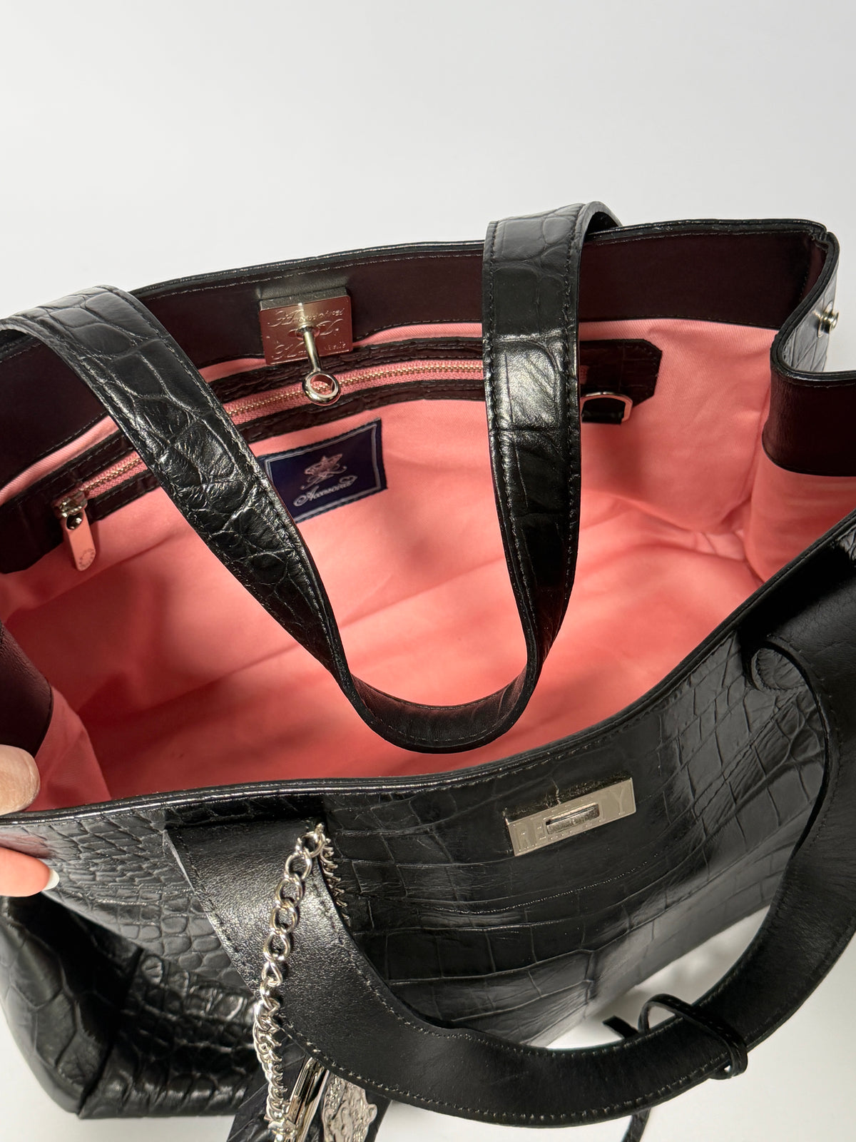 Black Croc-Embossed Tote Bag with Padlock & Coin Purse