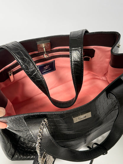 Black Croc-Embossed Tote Bag with Padlock & Coin Purse