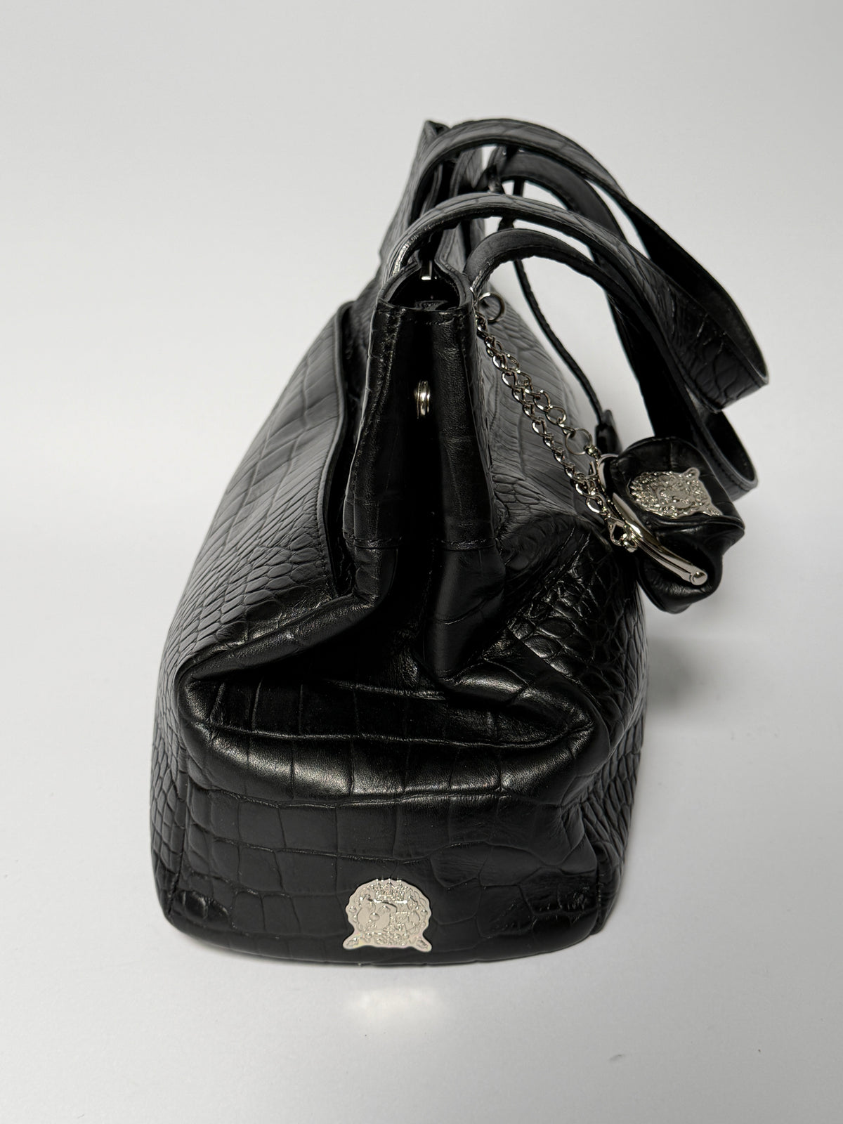 Black Croc-Embossed Tote Bag with Padlock & Coin Purse