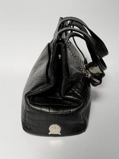 Black Croc-Embossed Tote Bag with Padlock & Coin Purse