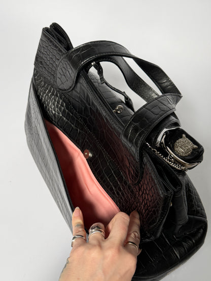 Black Croc-Embossed Tote Bag with Padlock & Coin Purse