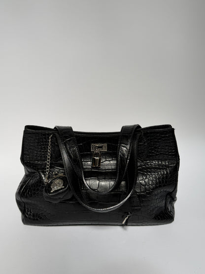 Black Croc-Embossed Tote Bag with Padlock & Coin Purse