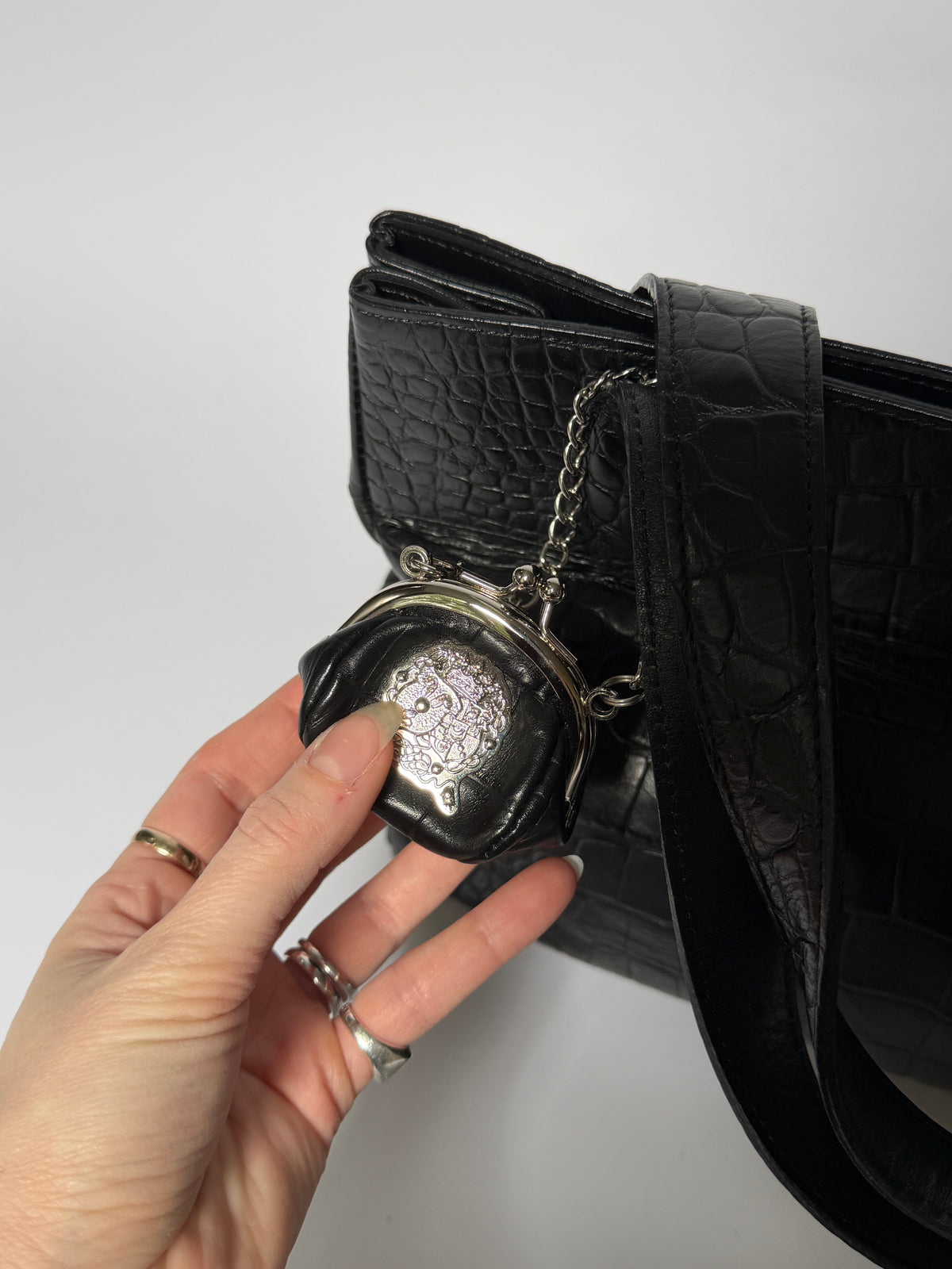 Black Croc-Embossed Tote Bag with Padlock & Coin Purse