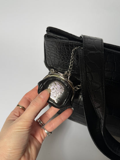 Black Croc-Embossed Tote Bag with Padlock & Coin Purse