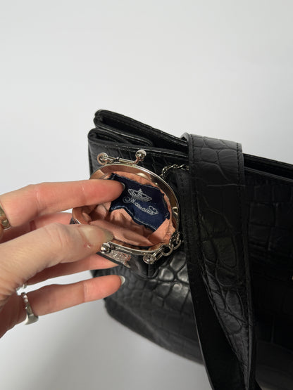 Black Croc-Embossed Tote Bag with Padlock & Coin Purse