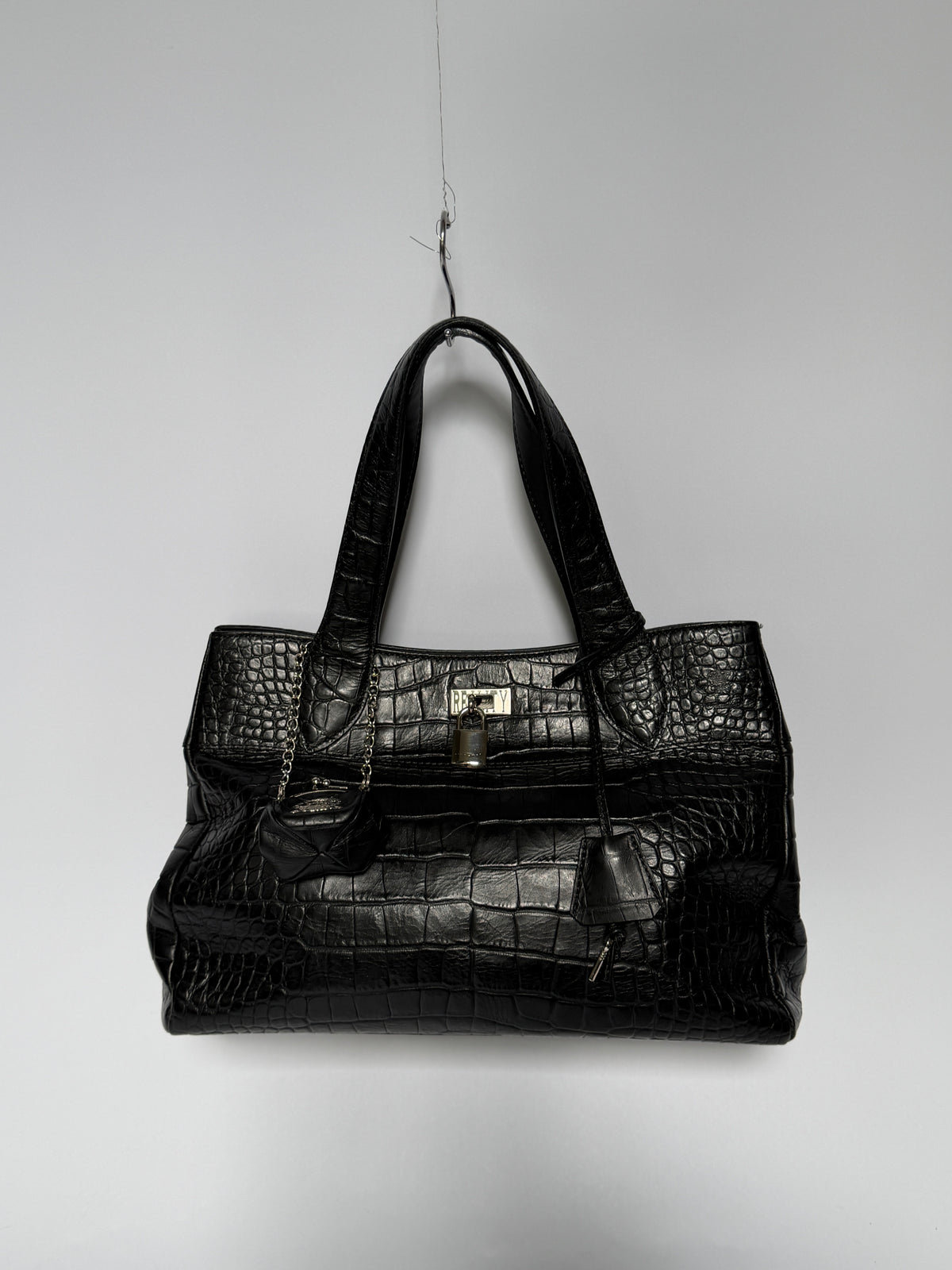 Black Croc-Embossed Tote Bag with Padlock & Coin Purse