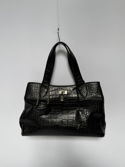 Black Croc-Embossed Tote Bag with Padlock & Coin Purse