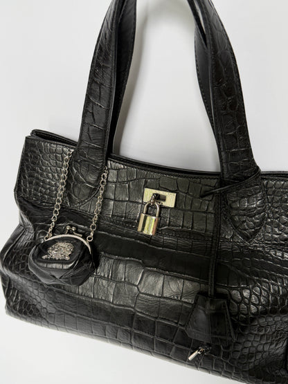 Black Croc-Embossed Tote Bag with Padlock & Coin Purse