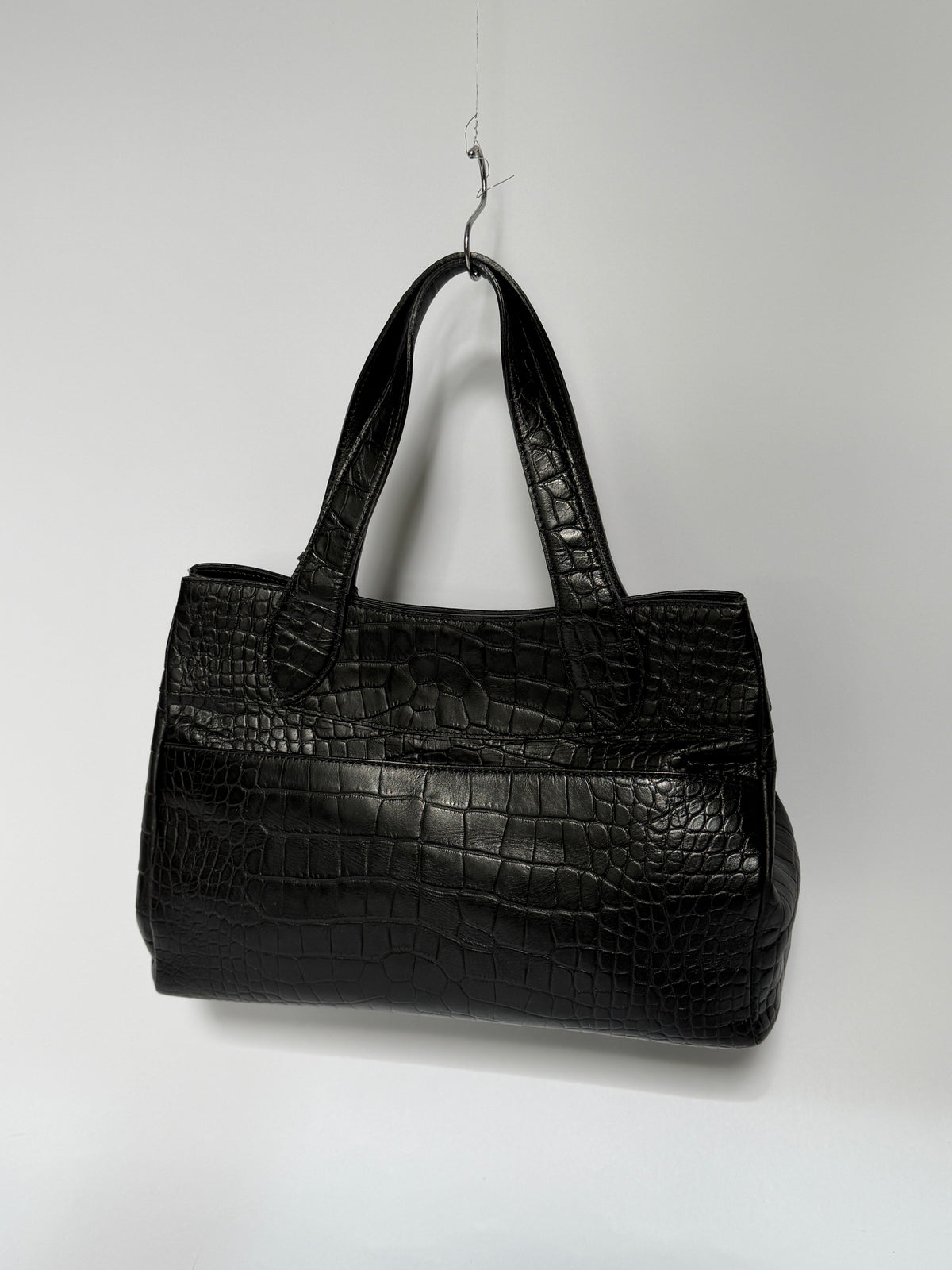 Black Croc-Embossed Tote Bag with Padlock & Coin Purse