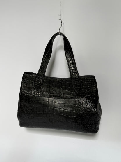 Black Croc-Embossed Tote Bag with Padlock & Coin Purse