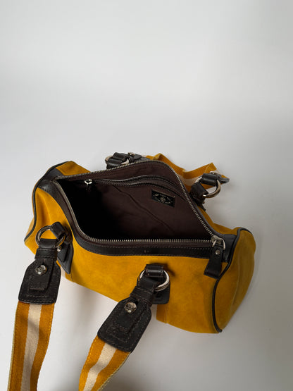 Yellow Suede Drum Bag with Striped Straps