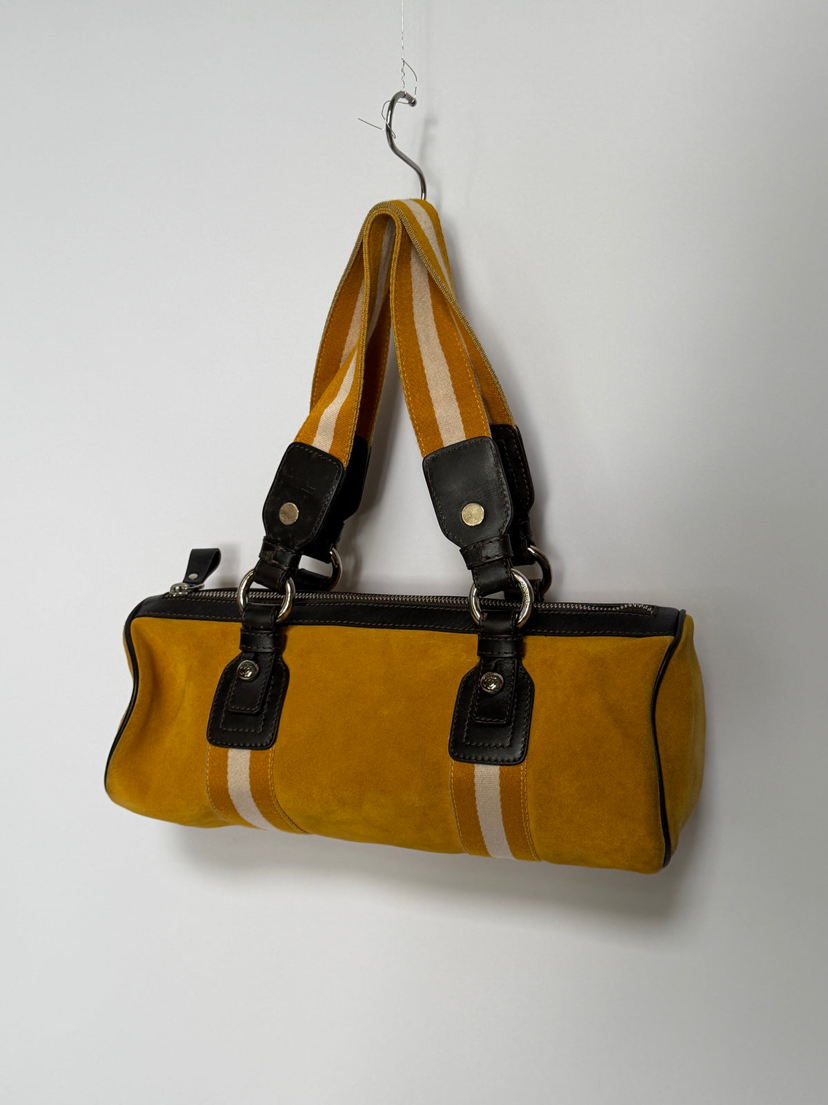 Yellow Suede Drum Bag with Striped Straps