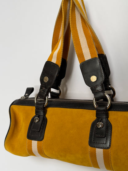 Yellow Suede Drum Bag with Striped Straps