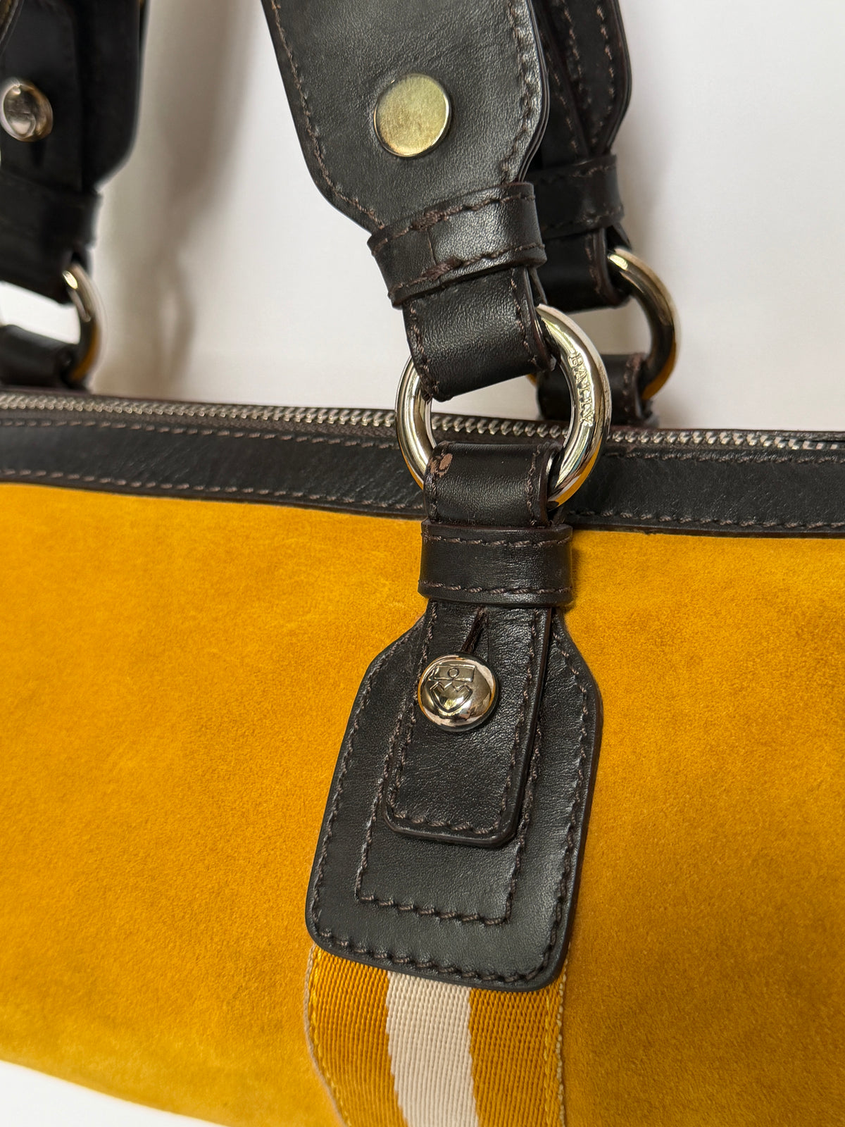 Yellow Suede Drum Bag with Striped Straps