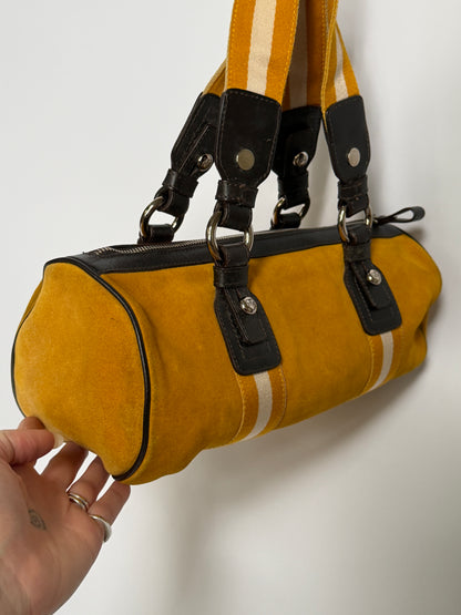 Yellow Suede Drum Bag with Striped Straps