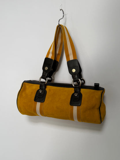 Yellow Suede Drum Bag with Striped Straps