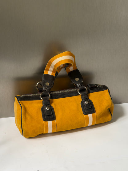 Yellow Suede Drum Bag with Striped Straps