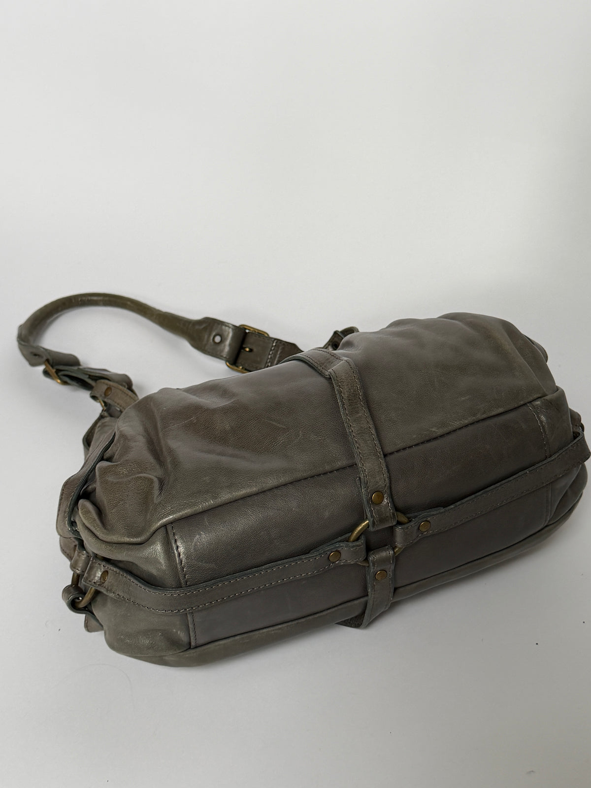 Greige Leather Shoulder Bag with O-Ring Detail