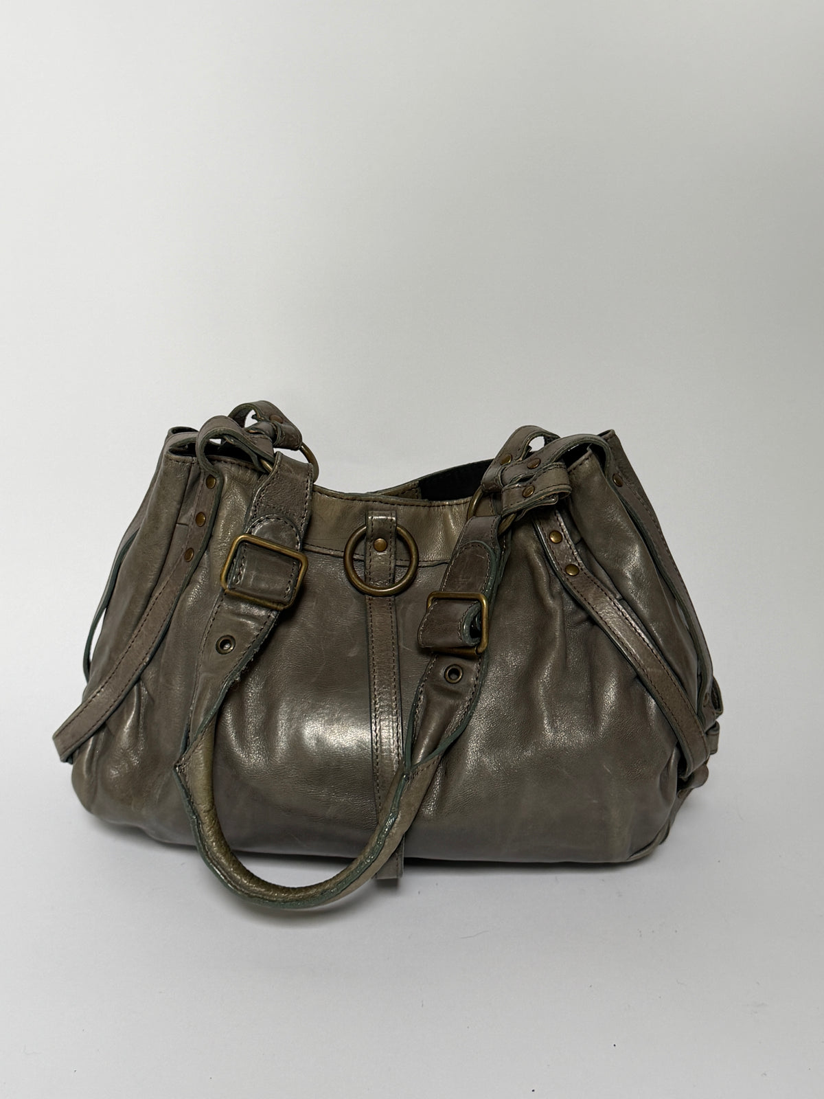 Greige Leather Shoulder Bag with O-Ring Detail