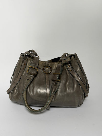 Greige Leather Shoulder Bag with O-Ring Detail