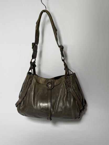 Greige Leather Shoulder Bag with O-Ring Detail