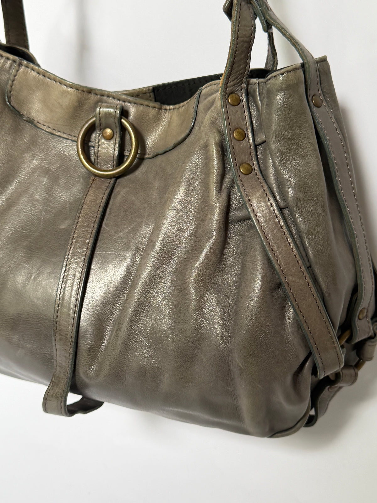 Greige Leather Shoulder Bag with O-Ring Detail