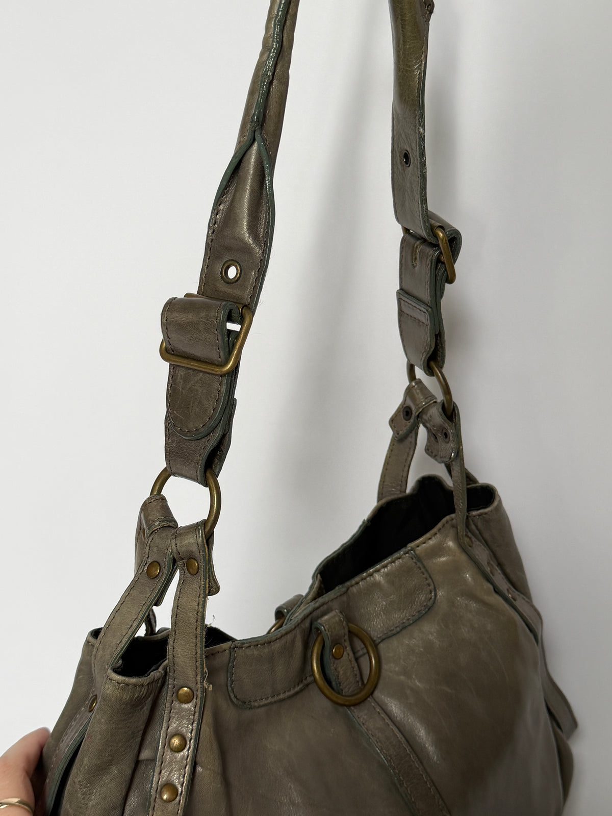Greige Leather Shoulder Bag with O-Ring Detail