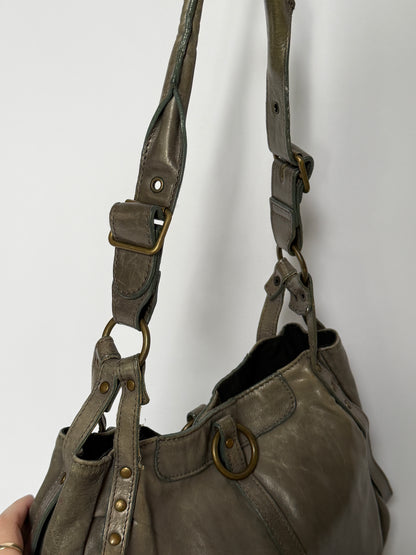 Greige Leather Shoulder Bag with O-Ring Detail