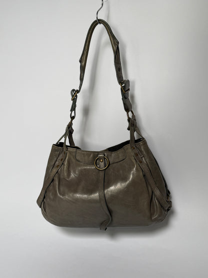 Greige Leather Shoulder Bag with O-Ring Detail