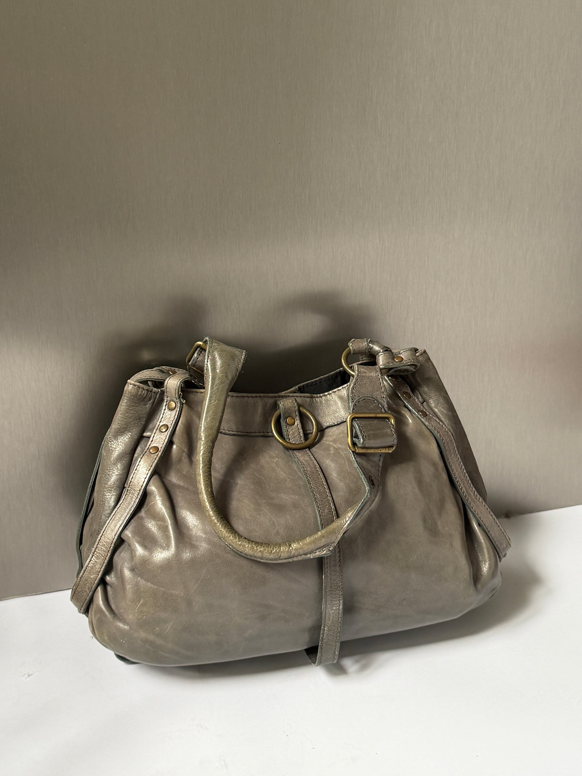 Greige Leather Shoulder Bag with O-Ring Detail