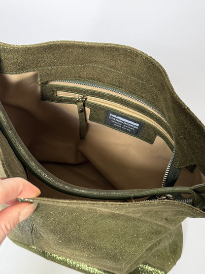 Green Metallic Shimmer Leather Tote Bag
