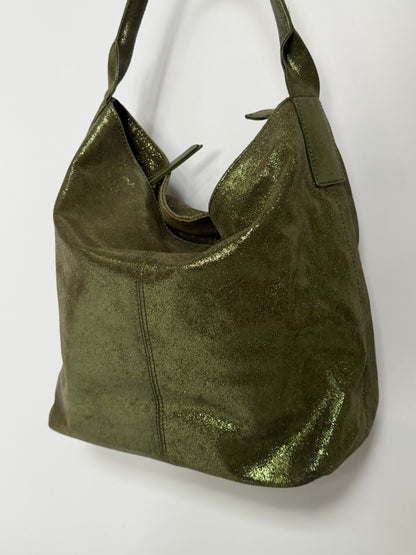 Green Metallic Shimmer Leather Tote Bag