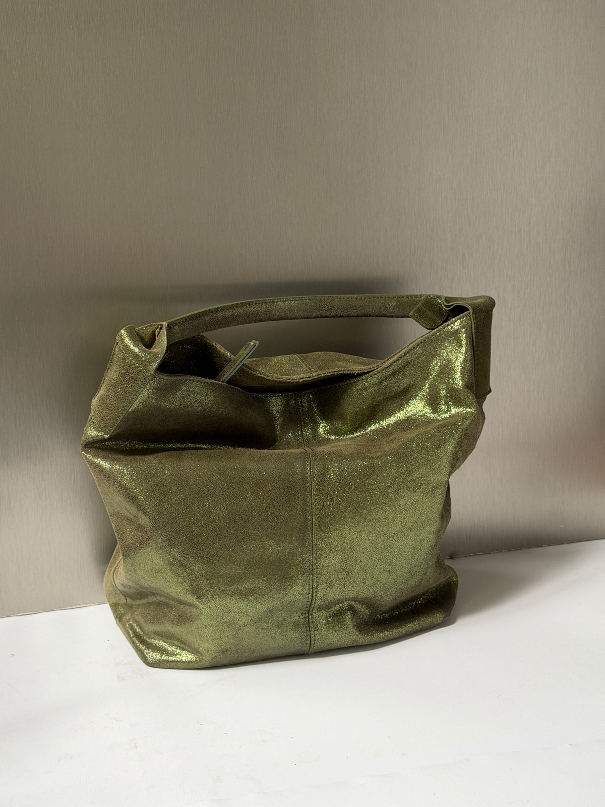 Green Metallic Shimmer Leather Tote Bag