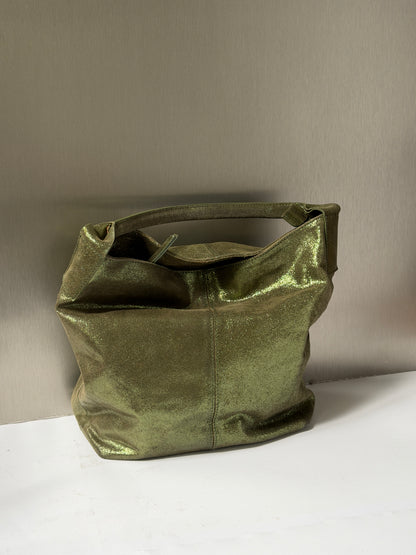 Green Metallic Shimmer Leather Tote Bag