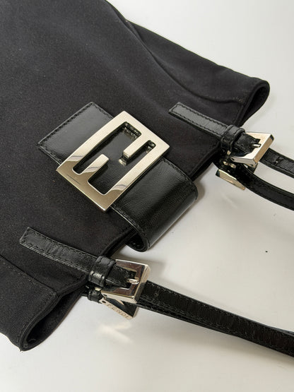 Small Black Mamma Bucket Bag with Silver Logo Buckle